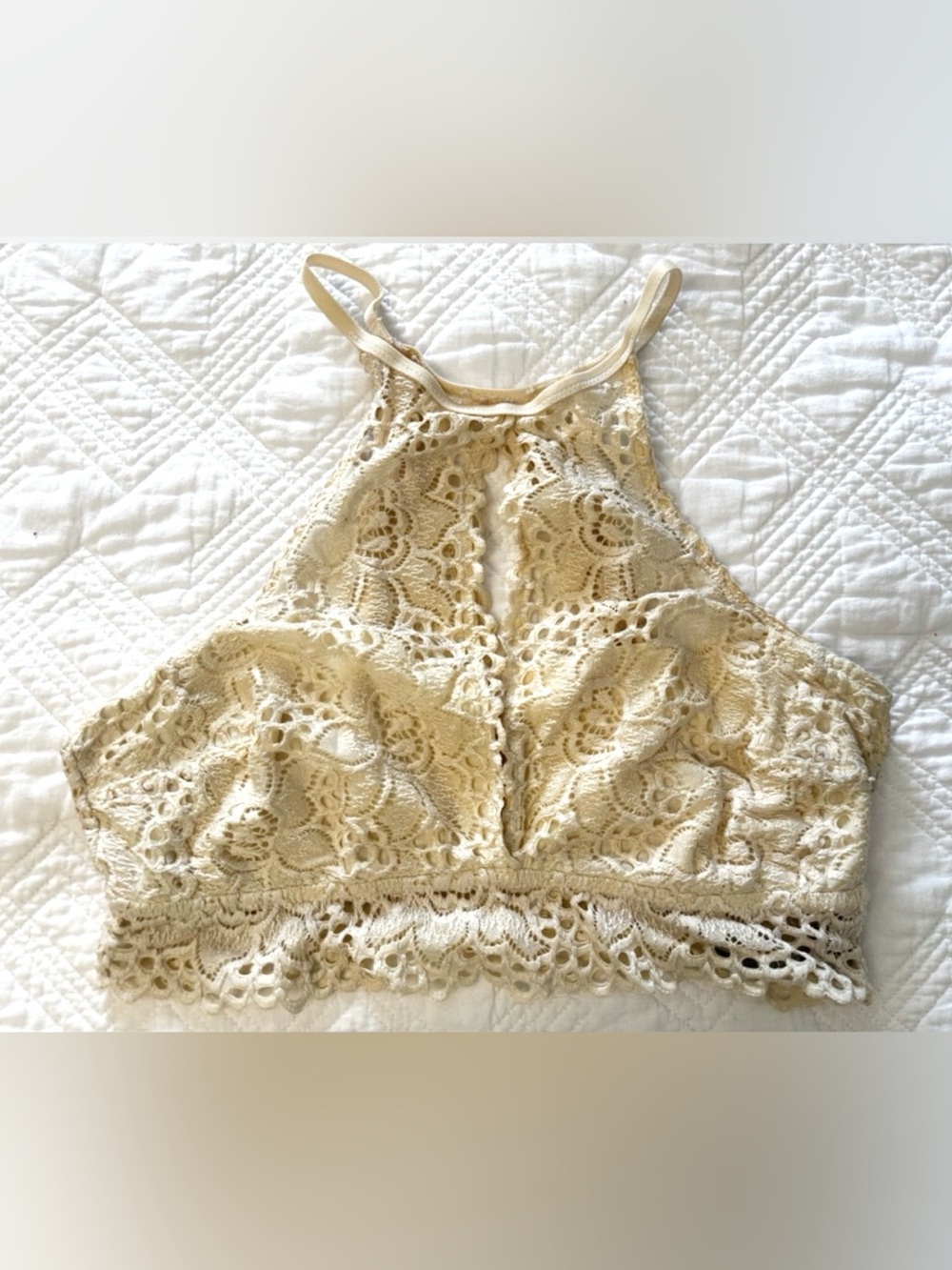 Aerie High Neck Lace Coquette Bralette in Cream Medium